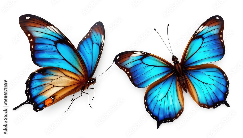 Obraz premium Two vibrant blue butterflies displayed on a clean white surface showcasing their delicate wings and intricate details
