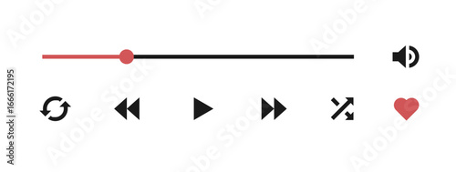 Set of Media Player Interface Vector Icons. Collection of minimalist media player interface icons, including play, pause, progress bar, and volume control, designed for music or video app.