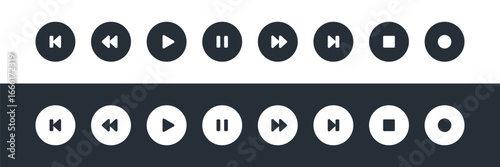 Set of Media Player Button Icons Vector Illustration. Collection of minimalist black media player button icons, including play, pause, stop, and more.