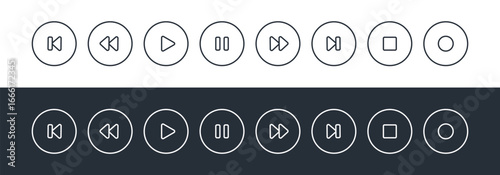 Set of Media Player Button Icons Vector Illustration. Collection of minimalist black media player button icons, including play, pause, stop, and more.