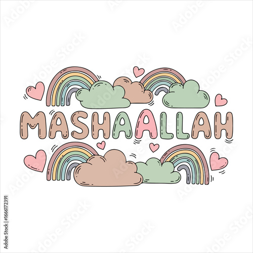 Masha Allah text with pastel rainbows and clouds illustration Islamic Arabic