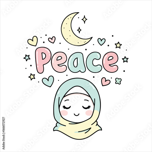 Cute cartoon girl in hijab with the word peace and celestial elements lettering