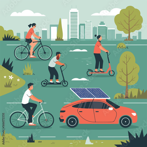 People using bicycles and scooters alongside a solar powered car in an urban green environment scene