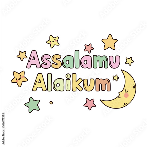 Cute cartoon crescent moon and stars with Assalamu Alaikum text Islamic greeting Muslim greeting
