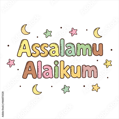Assalamu Alaikum text with pastel moons and stars Islamic greeting Arabic calligraphy