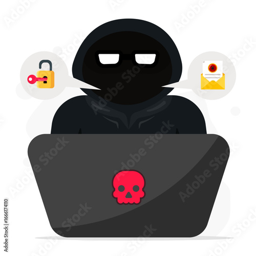 Hacker in black hood or cyber attack at laptop. Process unlock of padlock with key to stealing personal data and spamming bug email. Internet  phishing. Hackers attack.