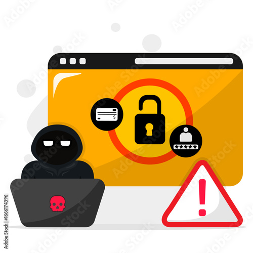 Hacker stealing data with unlocked account and payment security. Concept of password theft, credit card fraud, and cyber crime warning on computer screen.