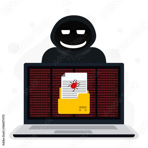 Illustration of a hacker with a hood behind a laptop displaying a malware file. Concept of cyber attack, data theft, and online security threats.