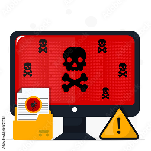 Vector illustration of a computer screen infected with malware showing skull icons, virus warning, and alert symbol. Concept of cyber attack, data threat, and online security risk.