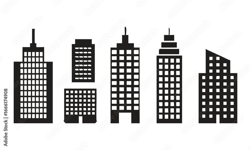Fototapeta premium Collection of Black Silhouette Skyscraper Buildings on White Background city architecture