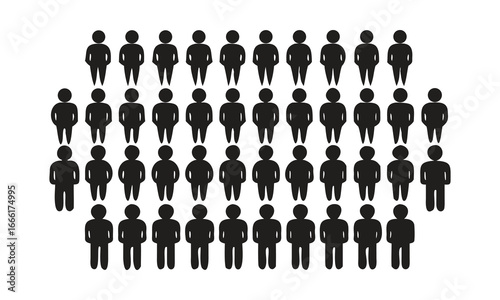 Crowd of black human figures in rows on white background people group