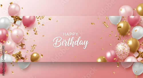 Luxurious happy birthday party background design with realistic pink, gold, and white balloons. A festive celebration banner with sparkling gold confetti for an elegant greeting card