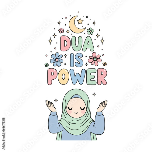 Cute Muslim girl in hijab praying with pastel colors and celestial elements prayer