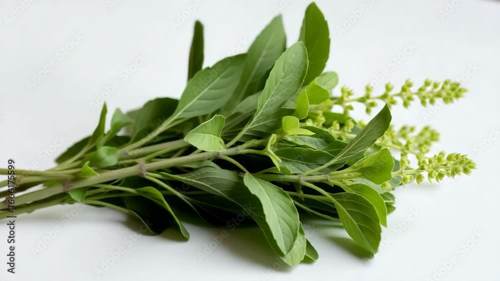 Fresh green holy basil bunch with small flowers on a white background Fresh green holy basil bunch with small flowers on a white background