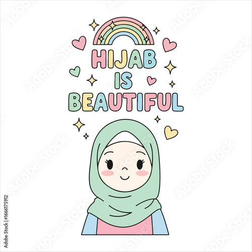 Cute cartoon girl wearing a light green hijab with pastel rainbow and hearts above muslim
