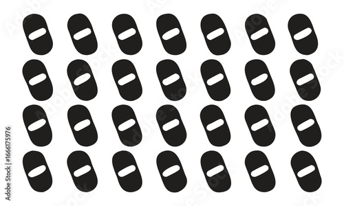 Pattern of twenty-four black pill shapes with white centers in four rows capsule medicine