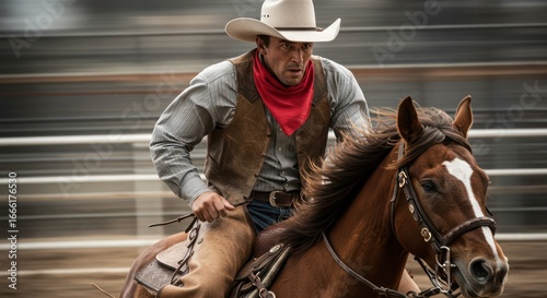 Cowboy riding a brown horse at high speed in a rodeo.