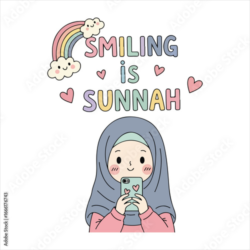 Cute cartoon girl in hijab holding a smartphone with rainbow and hearts muslim girl mobile phone