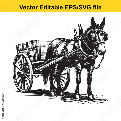 Horse pulling a vintage wooden cart, isolated on white background