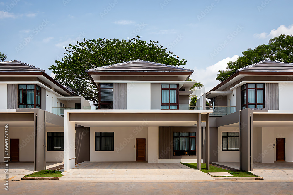 Fototapeta premium Modern Three Story Contemporary Homes With Attached Garages Showcasing Elegant Architectural Design And Spacious Living Areas Perfect For Family Residences