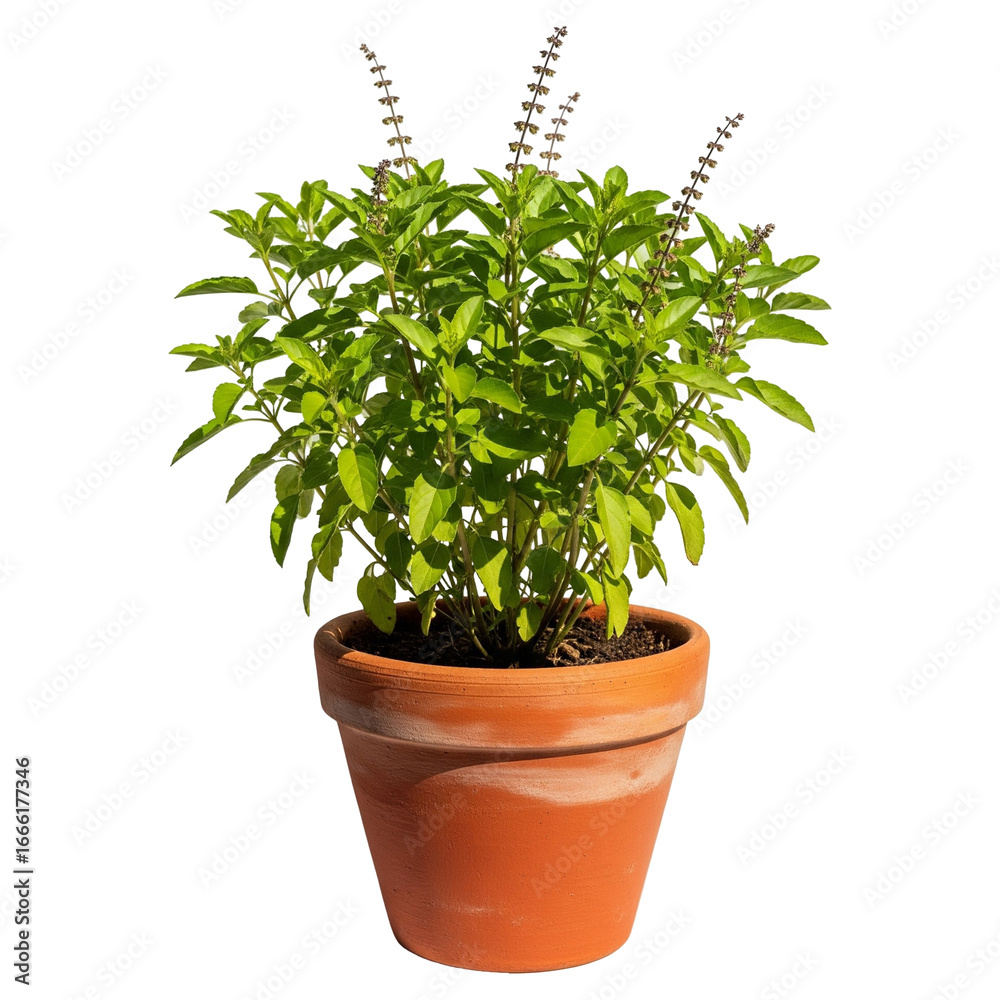 Fototapeta premium Green tulsi plant in a pot