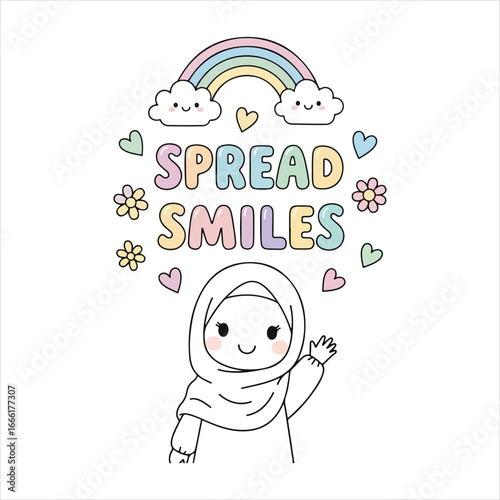 Cute cartoon girl in hijab waving with rainbow and flowers hijab girl muslim girl