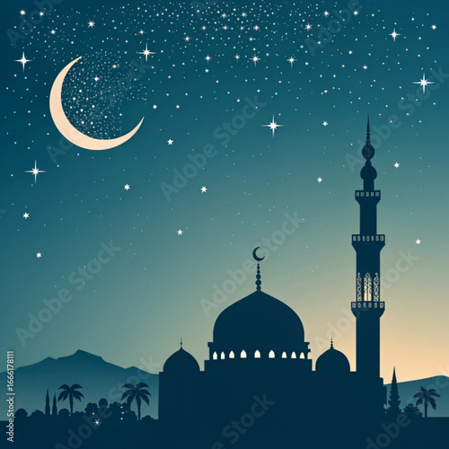 Ramadan and Islamic festival background, mosque silhouette, stars and crescent, vector