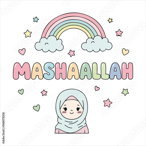Cute cartoon girl in hijab with rainbow and stars Masha Allah text MashaAllah Islamic