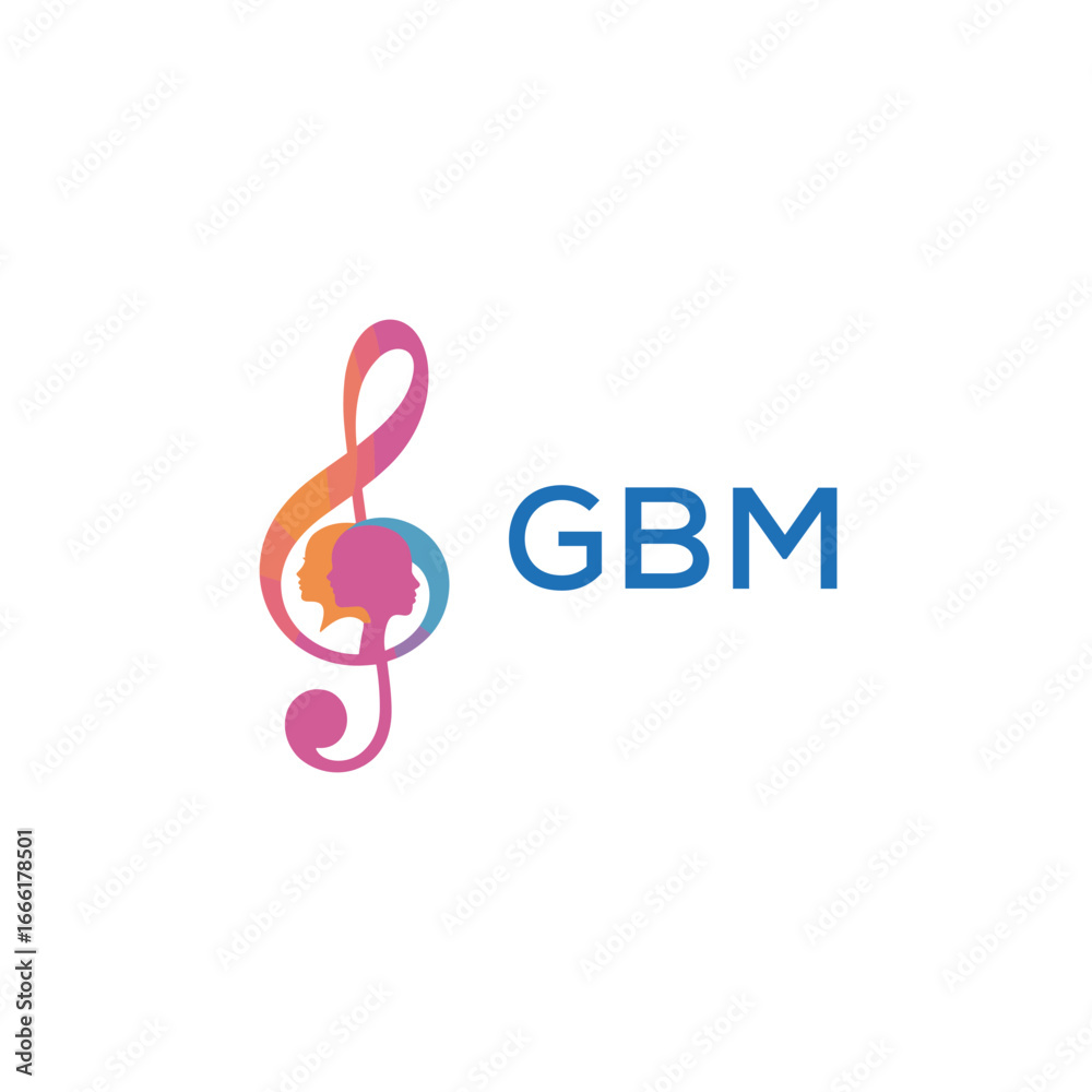 Obraz premium GBM “Creative music academy logo with silhouette heads and notes” GBM Later Logo, “Modern music therapy logo with faces and note symbol” 