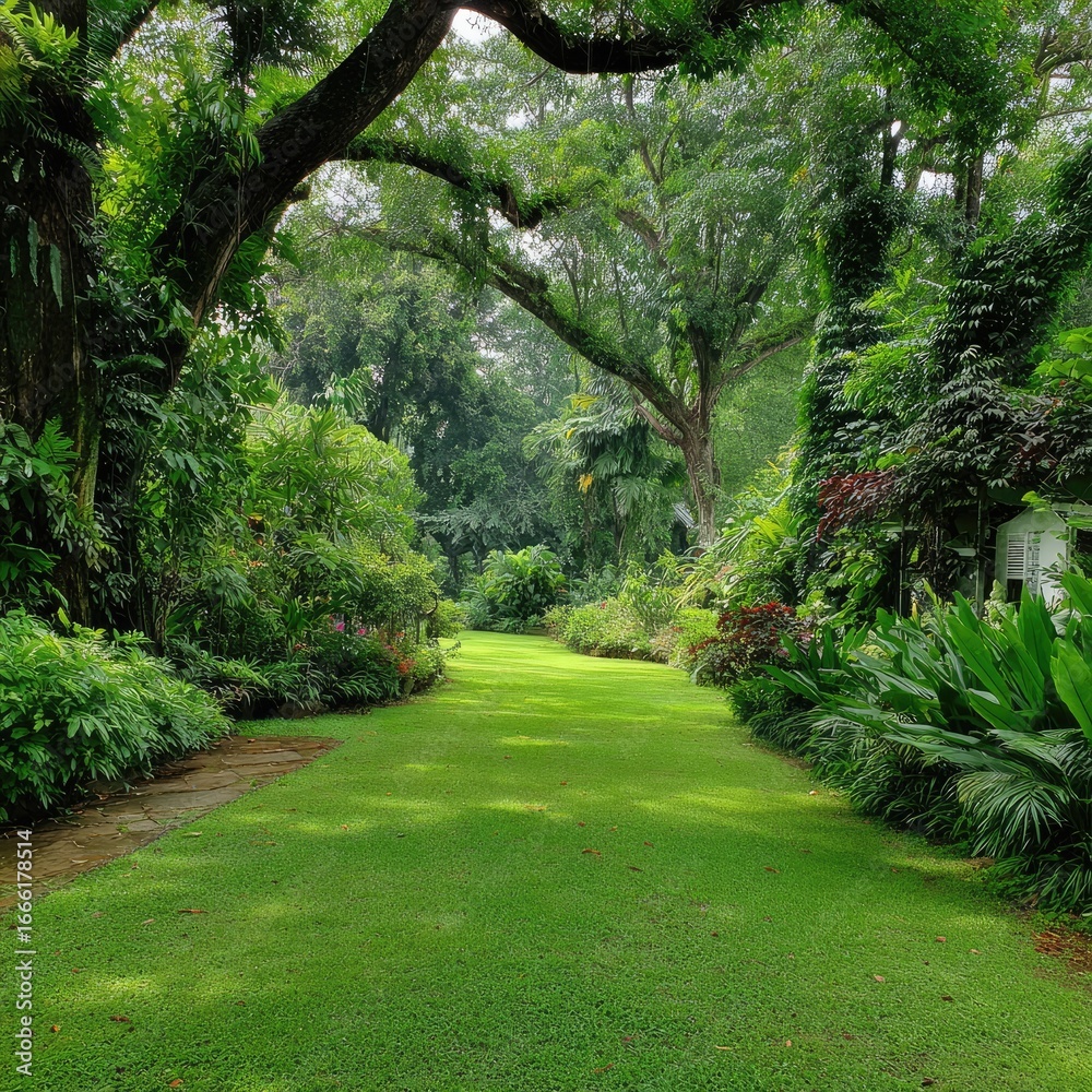 Obraz premium Lush garden path, shaded by trees