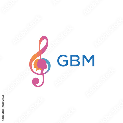 GBM “Creative music academy logo with silhouette heads and notes” GBM  Later Logo, “Modern music therapy logo with faces and note symbol”
