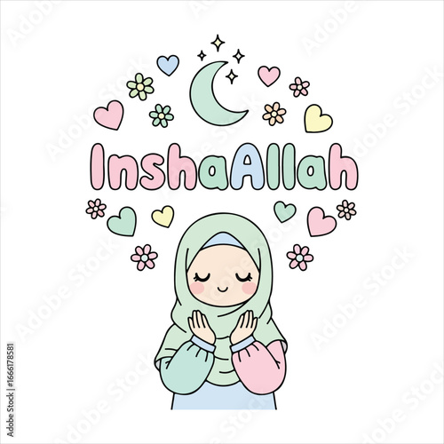 Cute cartoon girl in hijab praying with Insha Allah text and celestial elements Islamic Muslim