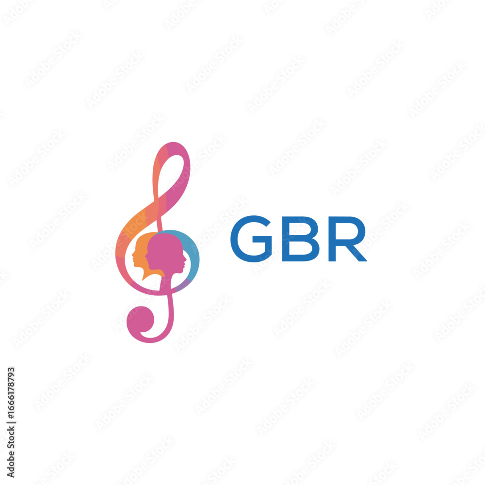 Obraz premium GBR “Creative music academy logo with silhouette heads and notes” GBR Later Logo, “Modern music therapy logo with faces and note symbol” 