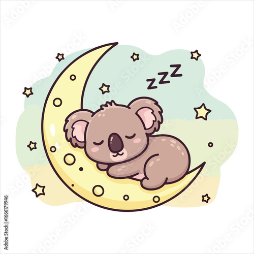 Cute cartoon koala sleeping on a crescent moon with stars and zzz text vector