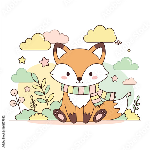 Cute cartoon fox wearing a striped scarf sitting among pastel clouds and foliage animal