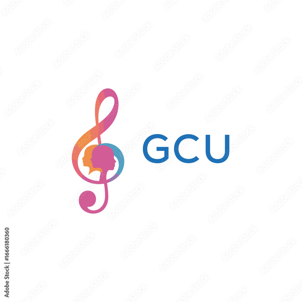 Fototapeta premium GCU “Creative music academy logo with silhouette heads and notes” GCU Later Logo, “Modern music therapy logo with faces and note symbol” 