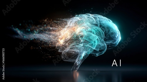 Rendering of the brain in light blue and green on a black background with glowing particles, creating an abstract design for 