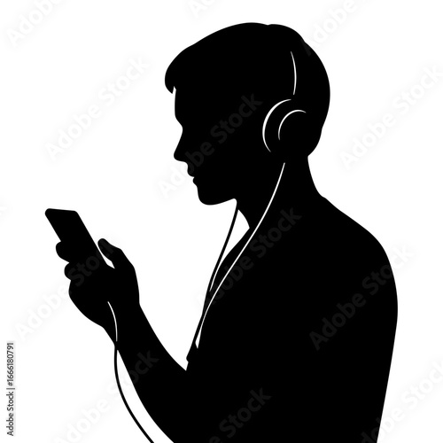 Young man listening to music on smartphone with headphones silhouette  