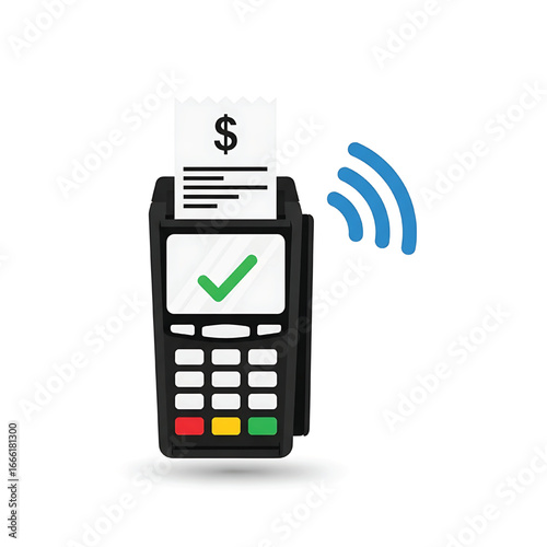 Vector of pos payment terminal with check mark and wireless signal. Icon of NFC contactless transaction pay.pos terminal icon.