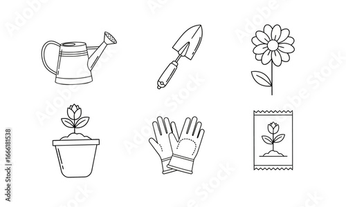 icon set of Gardening Tools and Supplies for Planting and Cultivation