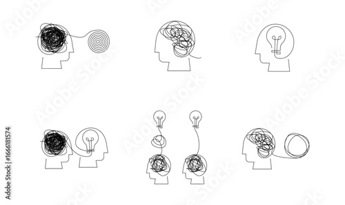 Minimalist Line Art Drawing of Human Heads Illustrating Tangled Thoughts, Idea Generation, Mental Clarity, and Problem-Solving Process