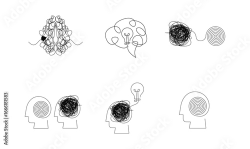 Abstract Mental Process Line Art Icons: Chaos to Clarity, Problem-Solving, and Idea Generation. Tangled Brain, Head Profiles, Spiral Thoughts, and Lightbulb Moments for Mental Health Concept.