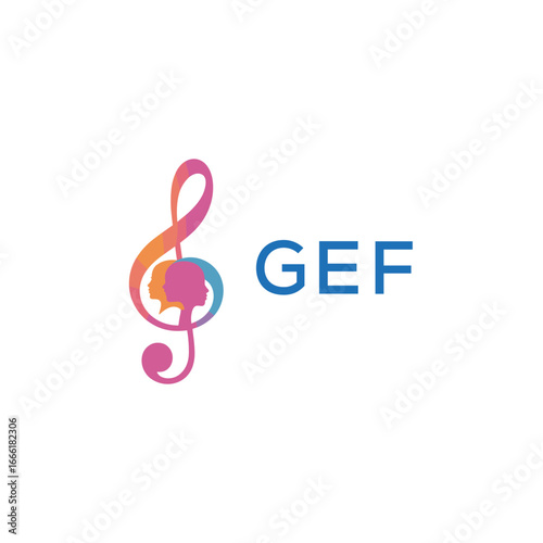 GEF “Creative music academy logo with silhouette heads and notes” GEF  Later Logo, “Modern music therapy logo with faces and note symbol”

