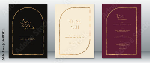 Elegant wedding invitation set featuring golden borders on black, cream, and burgundy backgrounds. Includes save the date, thank you card, and menu with refined typography. 
