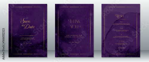 Elegant wedding invitation set with deep purple watercolor texture and golden minimalist borders. Includes save the date, thank you card, and dinner menu.  