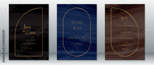 Stylish wedding invitation set featuring black, navy, and brown marble textures with refined gold borders. Includes save the date, thank you card, and dinner menu.