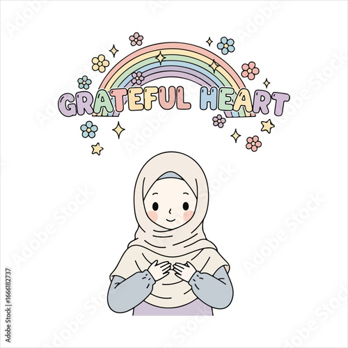 Cute Muslim girl wearing hijab with grateful heart text and pastel rainbow pastel colors