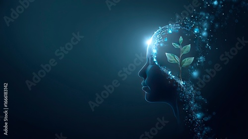 A silhouette of a human head in profile, glowing brain area with a sprouting plant inside symbolizing growth mindset