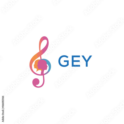 GEY “Creative music academy logo with silhouette heads and notes” GEY Later Logo, “Modern music therapy logo with faces and note symbol”

