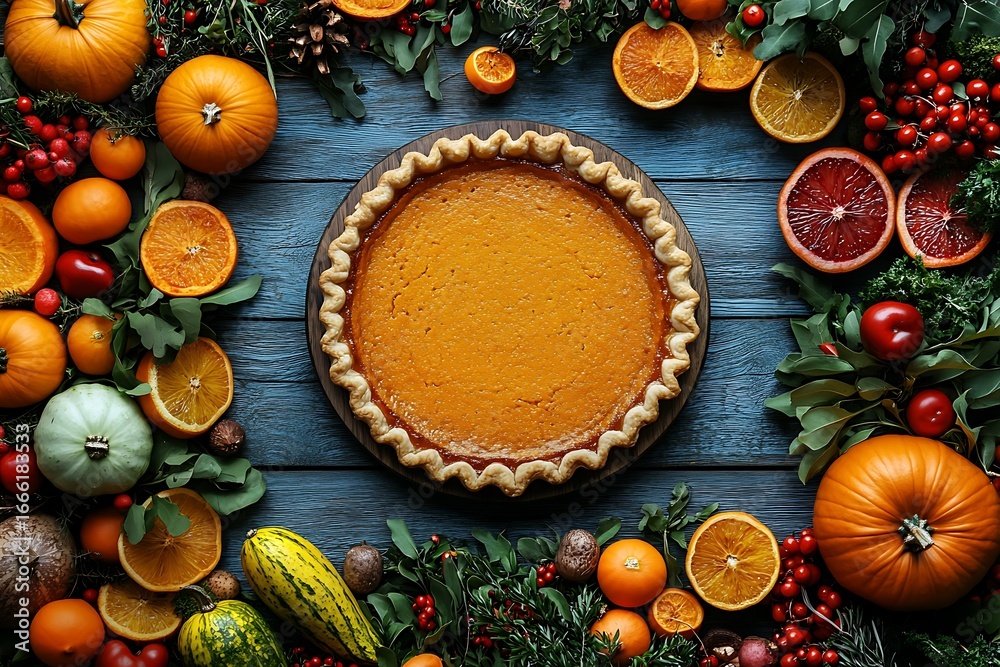 Fototapeta premium Whole pumpkin pie surrounded by autumn harvest fruits and vegetables whole pie fall season